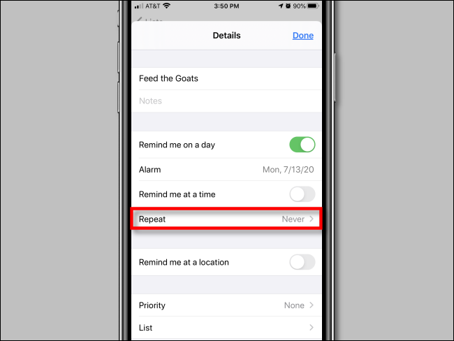 Tippen Sie in der Erinnerungs-App auf dem iPhone auf In Erinnerungsoptionen wiederholen
