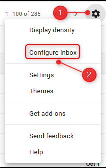 Klicken oder tippen Sie auf das Zahnrad Einstellungen und wählen Sie dann "Posteingang konfigurieren."