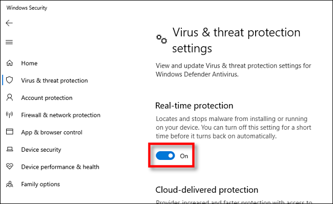 Windows 10 Defender Antivirus-Echtzeitschutzoption aktiviert