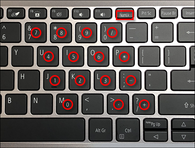 Beispiel für Num-Lock-Tasten auf einer Laptop-Tastatur
