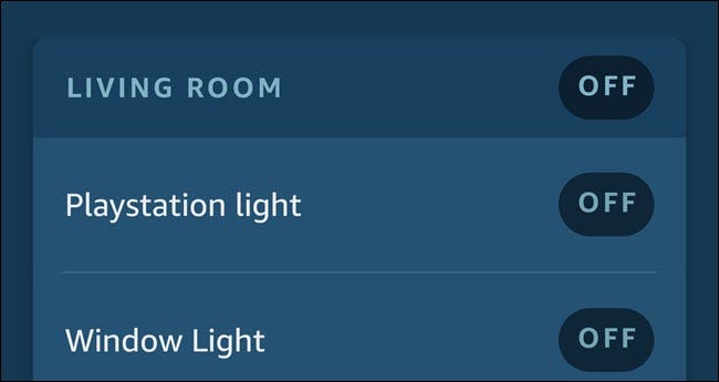 Alexa App zeigt zwei Lichter namens Playstation Light und Window Light