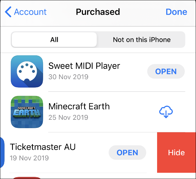 Das "Gekauft" Bildschirm im App Store.