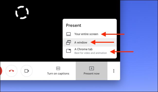Klicken "Ihr ganzer Bildschirm," "Ein Fenster," oder "Ein Chrome Tab" in Google Meet zu teilen.