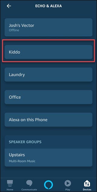 Alexa App mit Box herum "Kiddo" Echoeintrag
