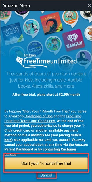 Freetime Unlimited-Angebotsbildschirm mit Feldern um Starten Sie Ihre 1-monatige kostenlose Testversion und stornieren Sie die Optionen