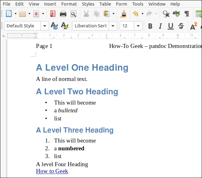 Eine ODT-Datei, die aus einem Markdown mit einem LibreOffice-Dokument gerendert wurde, das als Stylesheet in einem LibreOffice Writer-Fenster fungiert.