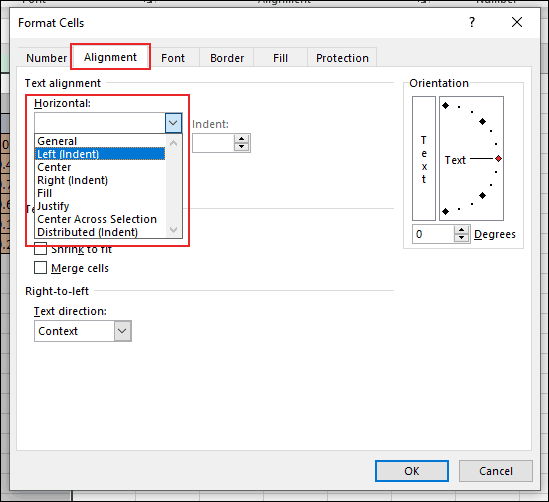 Klicken Sie im Dialogfeld Zellen formatieren in Excel auf die Registerkarte Ausrichtung und dann auf "Horizontal" Dropdown-Menü unter dem Abschnitt Textausrichtung