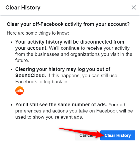 Klicken "Klare Geschichte" um den gesamten Aktivitätsverlauf aus Ihrer Off-Facebook-Aktivitätsliste zu entfernen.