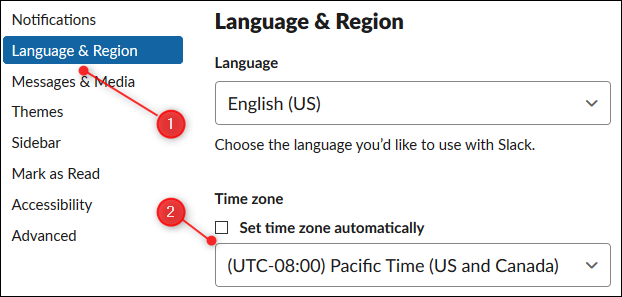 Klicken "Sprache & Region," Klicken Sie anschließend auf das Dropdown-Menü und wählen Sie die Zeitzone aus.