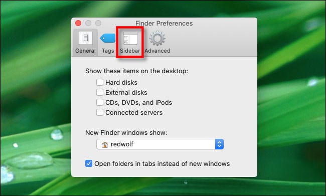 Klicken Sie in den Finder-Einstellungen auf "Seitenleiste" Registerkarte auf dem Mac.