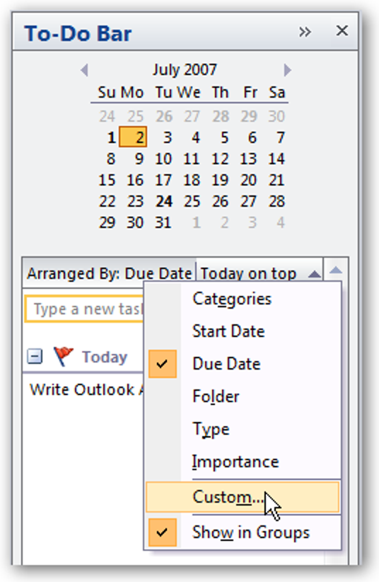 Aufgabenleiste in Outlook 2007 erstellen Nur die heutigen Aufgaben anzeigen