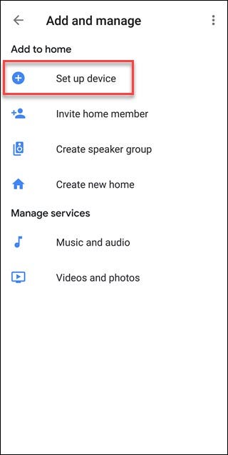 Google Assistant Seite hinzufügen und verwalten mit der Option Gerät einrichten im Feld