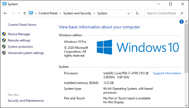 Der Systembildschirm in der Systemsteuerung von Windows 10.
