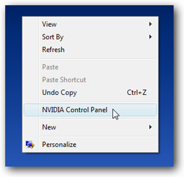 Entfernen Sie die NVIDIA-Systemsteuerung vom Desktop. Klicken Sie mit der rechten Maustaste auf das Menü