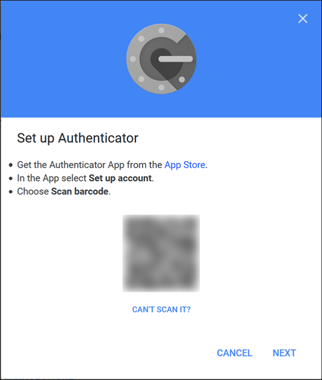Der Google Authenticator-Bildschirm, auf dem Sie den QR-Code mit der App auf Ihrem Telefon scannen.