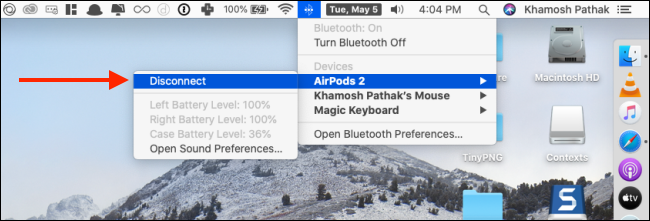 Klicken Sie auf dem Mac auf Trennen zum Bluetooth-Menü der AirPodsd
