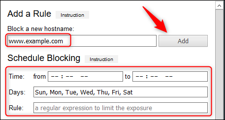 Geben Sie die Website, die Sie blockieren möchten, in das Textfeld ein, klicken Sie auf "Hinzufügen," und legen Sie dann einen Zeitplan fest.