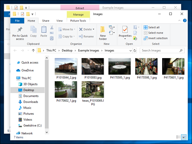 Dateien, die aus einer Zip-Datei in Windows 10 extrahiert wurden.