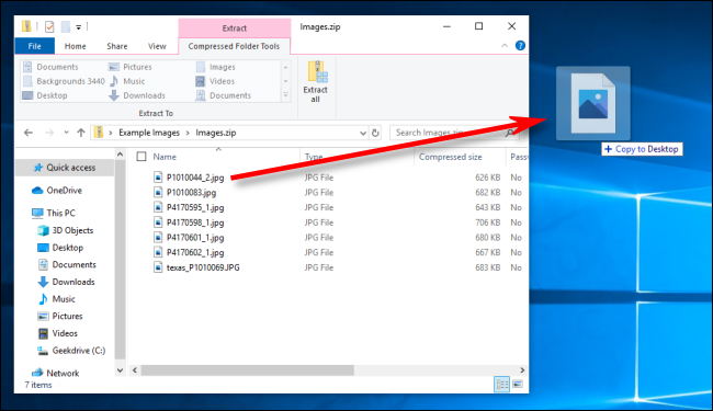 Ziehen einer Datei aus einer Zip-Datei in Windows 10.