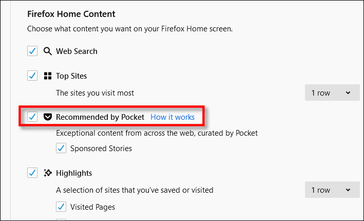Deaktivieren Sie "Empfohlen von Pocket" in den Firefox-Optionen.