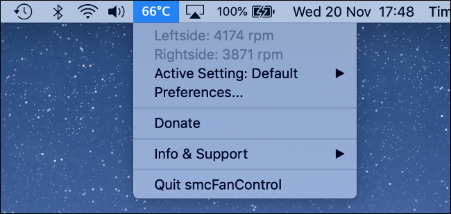 Die smcFanControl App zeigt auf einem Mac eine Temperatur von 66 Grad Celsius an. 