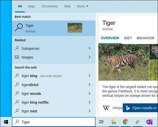 Bing-Suche mit Informationen zu Tigern im Startmenü von Windows 10.