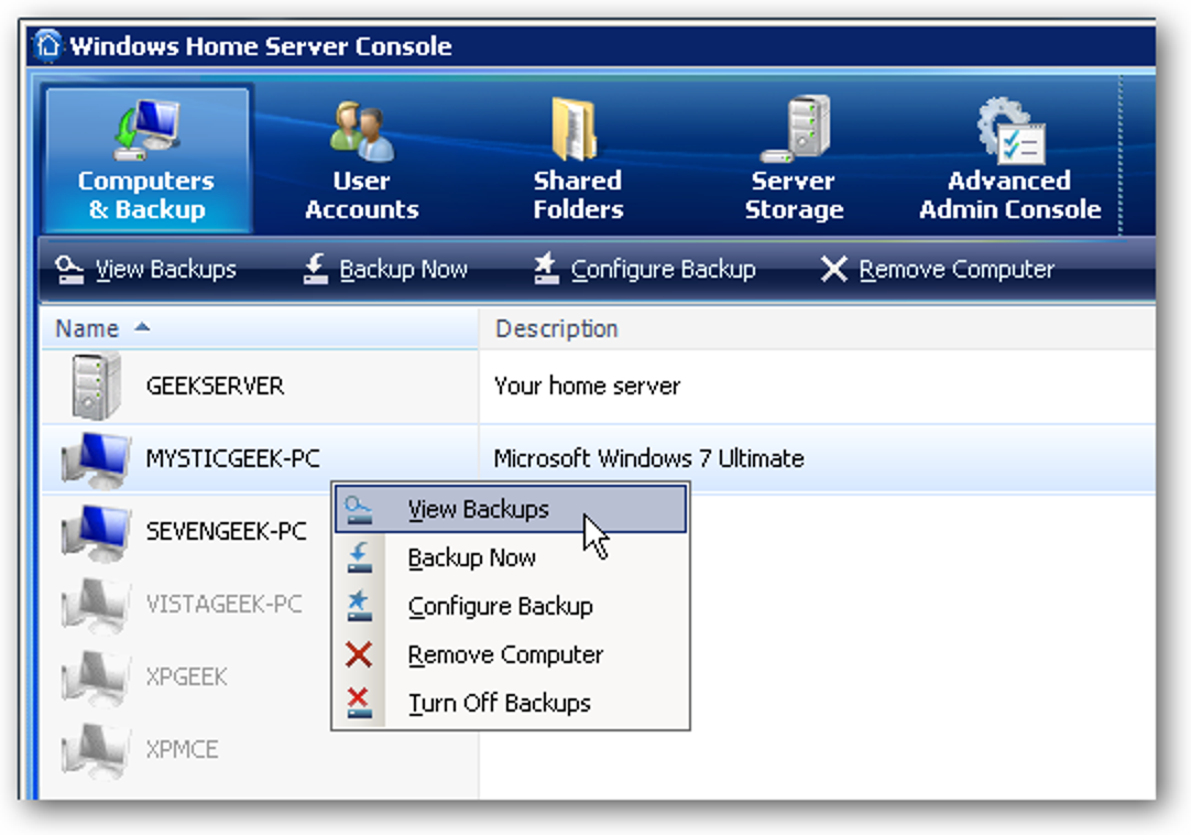 Wiederherstellen von Dateien aus Sicherungen auf Windows Home Server