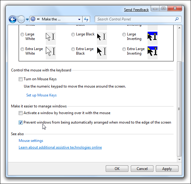 Windows 7 Erleichterter Zugriff Mausbereich Mouse