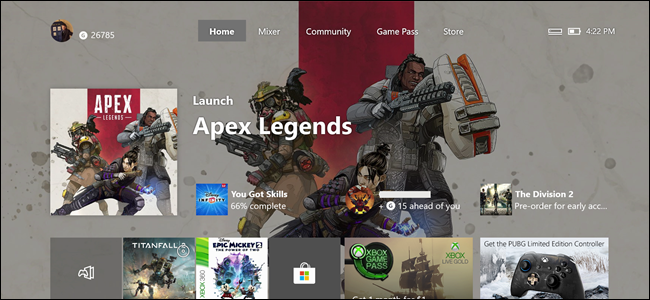 Xbox-Startbildschirm mit Apex Legends-Funktion