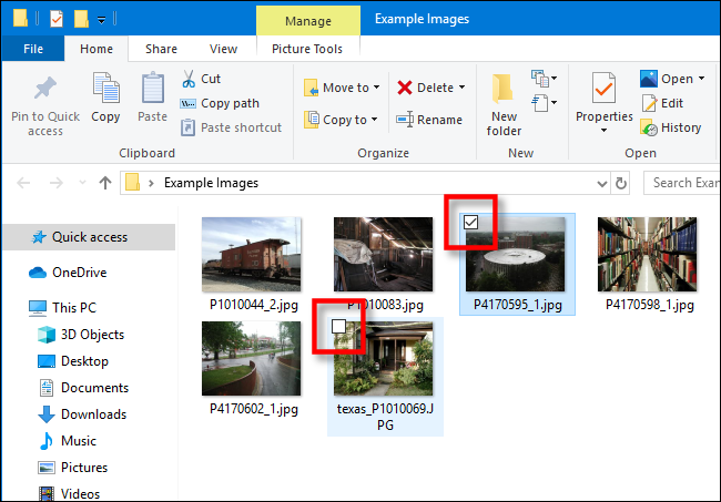 Beispiel für Kontrollkästchen im Windows 10 Datei-Explorer