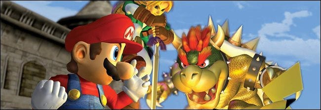 Die offizielle Box-Art für die "Super Smash Bros. Nahkampf" GameCube-Spiel mit Mario und Bowser.