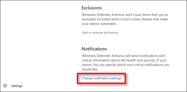 Klicken Sie in Windows-Sicherheit unter Windows 10 auf Benachrichtigungseinstellungen ändern