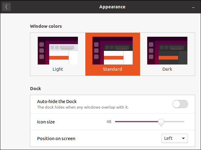 Das Erscheinungsbildfenster von Ubuntu mit dem ausgewählten Standarddesign.