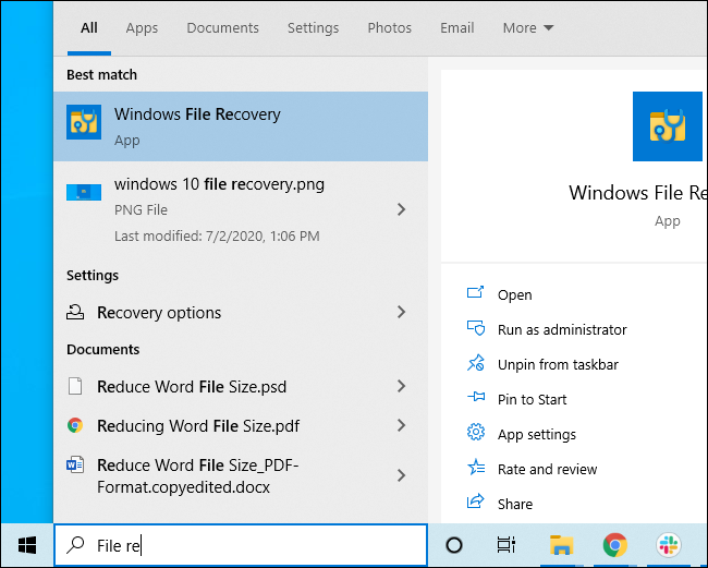 Starten von Windows File Recovery über das Startmenü