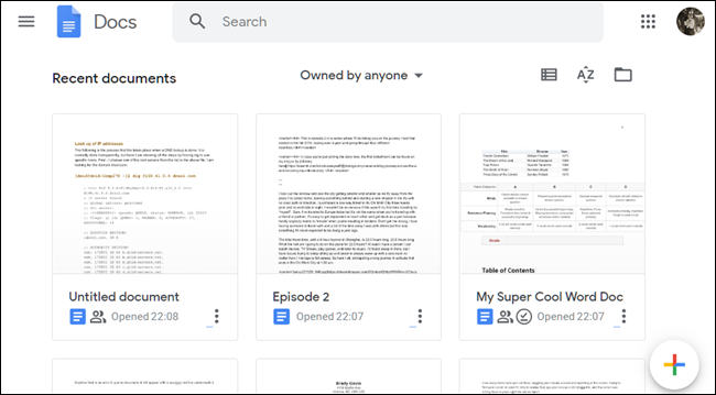 Vorschau der Google Docs-Startseite