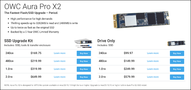 MacBook Pro SSD Upgrade-Preise auf OWC/MacSales.com.