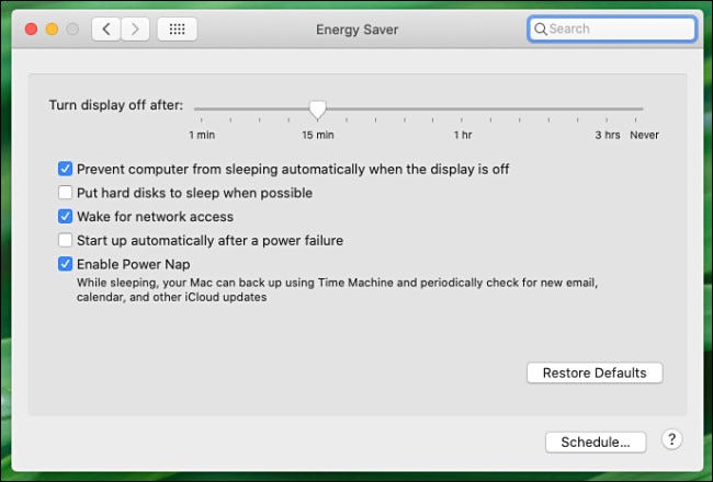 Mac-Systemeinstellungen Bereich Energiespareinstellungen