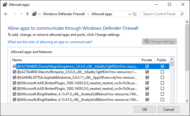 Eine Liste der zulässigen Apps der Windows Defender-Firewall.