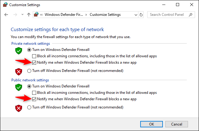 Deaktivieren Sie das "Mich benachrichtigen, wenn die Windows Defender Firewall eine neue App blockiert" Option unter Einstellungen für privates und öffentliches Netzwerk.