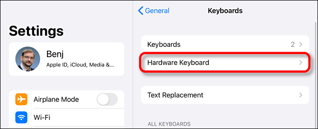 Zapfhahn "Hardware-Tastatur" in den iPad-Tastatureinstellungen.