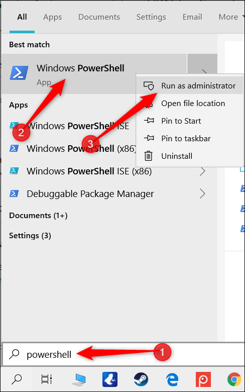 Typ "Power Shell" Klicken Sie in der Suchleiste mit der rechten Maustaste "Windows PowerShell," und dann klick "Als Administrator ausführen."