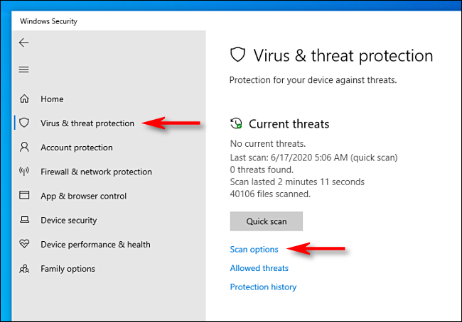 Klicken Sie in Microsoft Defender unter Windows 10 auf Scanoptionen