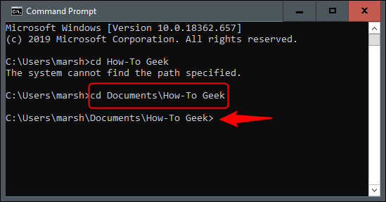Die "CD-DokumenteHow-To Geek" Befehl in der Eingabeaufforderung.