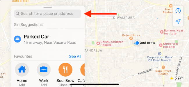 Verwenden Sie die Suchleiste, um in Apple Maps nach einem Ort zu suchen