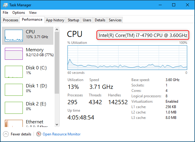 CPU-Name und -Geschwindigkeit im Task-Manager von Windows 10.
