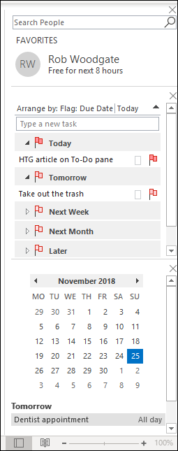 Kalender an den unteren Rand des Aufgabenbereichs verschoben