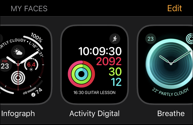 Die "Meine Gesichter" Apple Watch-Zifferblatt-Bildschirm in watchOS 6.