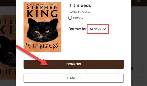 Wählen Sie aus, wie lange Sie das Buch ausleihen möchten.  Dann klick "Ausleihen."