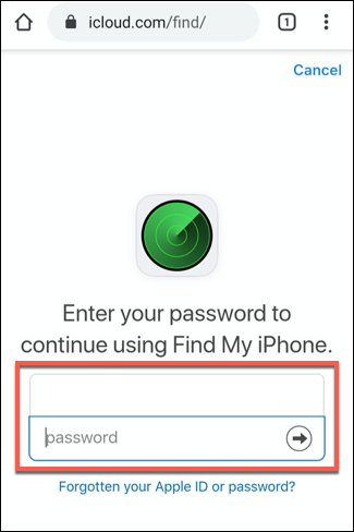 Der Anmeldebildschirm für den iCloud Find iPhone-Dienst, der in einem Chrome-Browser auf Android angezeigt wird