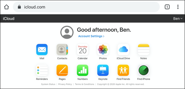 Das iCloud-Dashboard auf Android, angezeigt im Desktop-Ansichtsmodus